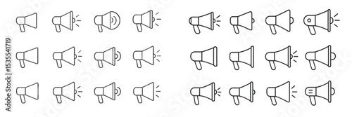 Various illustrations of megaphones in different styles and expressions conveying sound and communication dynamics at a public event