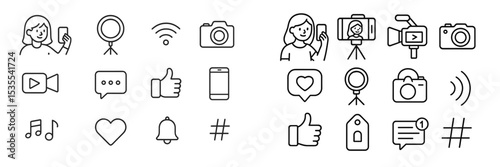 Digital communication icons for social media engagement and content creation in a modern context