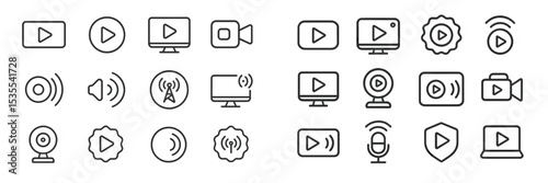 Collection of multimedia icons representing video playback and audio functions in a digital format for user interface design