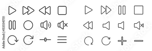 Various multimedia control icons arranged in a grid displaying play, pause, rewind, and volume options, suitable for digital interfaces