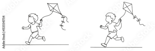 Boy joyfully flying a kite in an open space on a sunny day