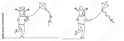 Child enjoys flying a kite while being carried on an adult's shoulders at the park during a sunny afternoon