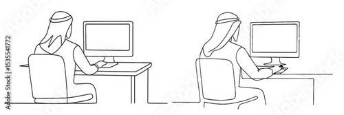 Two individuals engaged in computer work in a minimalistic office setting during daytime hours