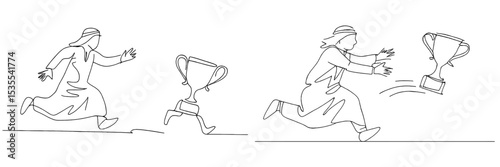 Dynamic pursuit of victory illustrated through a series of runners chasing trophies in a lively competition