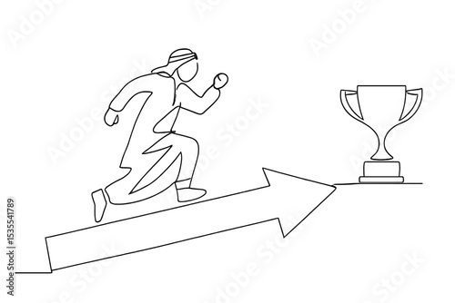 Runner making progress towards a trophy while symbolizing achievement and success in a competition