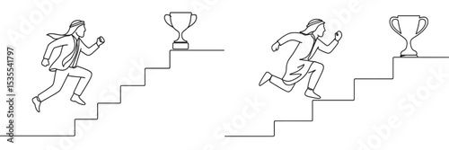 Individuals racing up stairs toward trophies in a symbolic achievement illustration