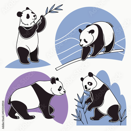 Adorable panda bear illustrations in various poses on a colorful background