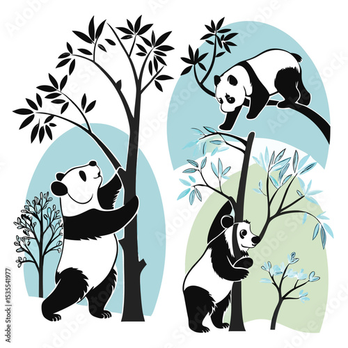 Adorable panda bears climbing trees in a playful illustration with leaves and blue backdrops