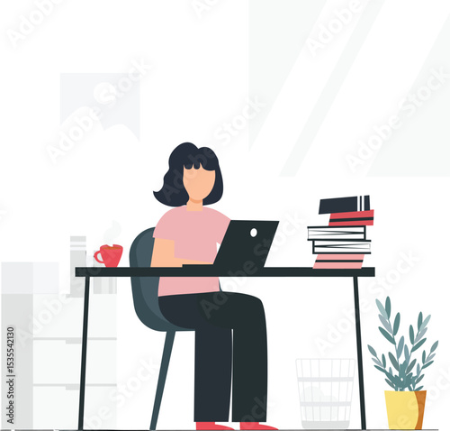 Focused Work: A woman is engrossed in her work, seated at a desk, laptop, with a mug, books, and a potted plant, suggesting productivity and a comfortable work setup. 