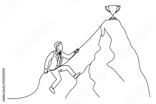 Climbing to success on a mountain while wearing a suit and reaching for a trophy at the summit