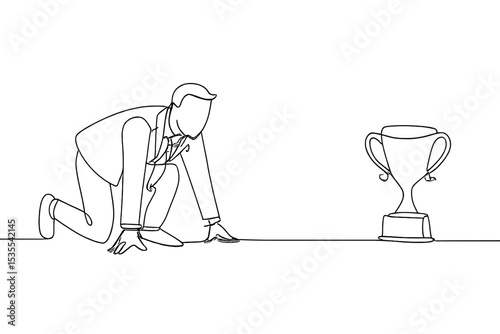 Motivated individual preparing to achieve success while focusing on a trophy during a competition or challenge