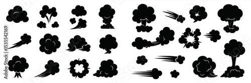 Various black smoke and explosion silhouettes ideal for graphic design and artistic projects