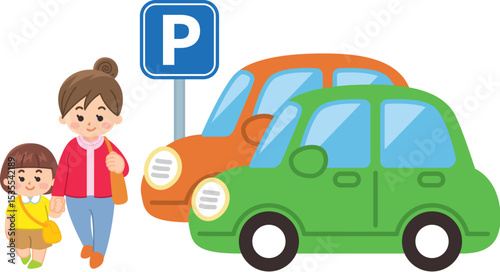 駐車場を手を繋いで歩く親子