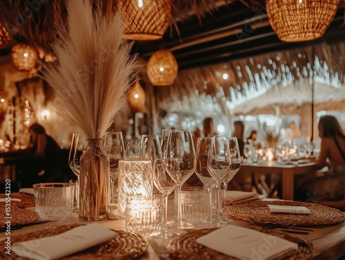 Boho-style cafe with woven placemats and lampshades, cozy warm atmosphere, natural textures.