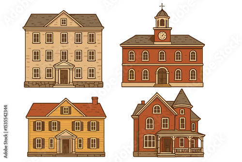 Collection of four distinct architectural styles showcasing various house designs in bright colors