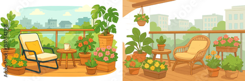 Cozy balcony garden with comfortable seating and vibrant plants in a sunny urban setting