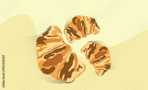 Delicious freshly baked croissant lying on pink background
