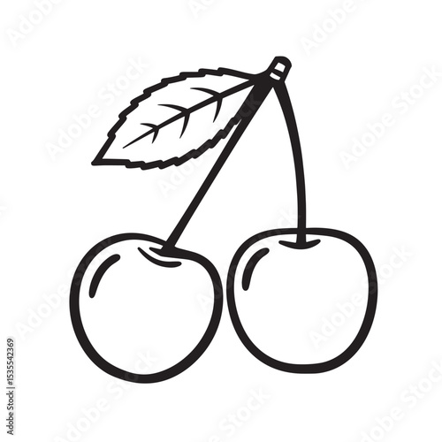 Black and white silhouette of two cherries with a leaf vector illustration for design and creative projects