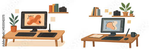 Stylish digital art workstations with creative tools in a bright room setting