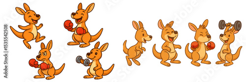 Cartoon kangaroos engaging in playful activities reflecting joy and fitness during a sunny day in the outback