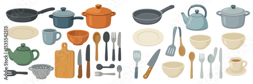 Kitchen utensils and cookware collection arranged neatly on a table for cooking preparation and dining enjoyment