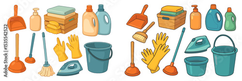 Cleaning supplies arranged in colorful design for effective home organization and maintenance tasks