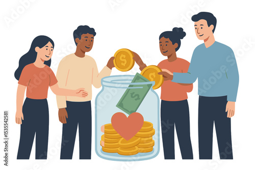 Group of friends happily contributing money to a donation jar during a community charity event