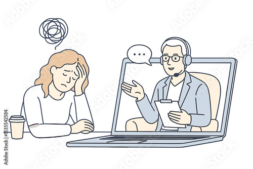 Counselor provides virtual support to a woman experiencing stress during an online session