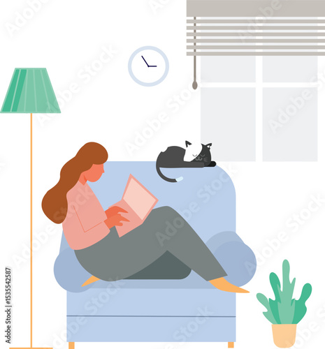 Reading and Relaxation: A serene scene of a woman relaxing at home on a comfortable couch with a book, a cat resting beside her, basking in tranquility.
