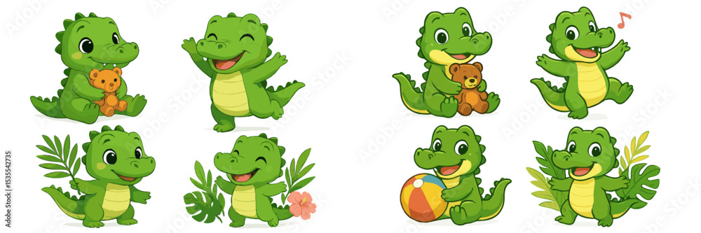 Obraz premium Cute green cartoon crocodiles enjoying playful moments with toys and plants in a bright and cheerful environment