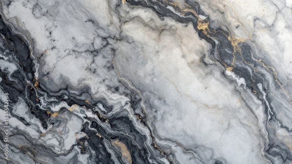 Naklejka premium Luxurious Marble Texture: Detailed macro shot of swirling patterns and unique veining on a polished marble surface, highlighting its natural beauty and timeless elegance.