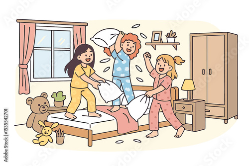 Kids enjoy a lively pillow fight in a cozy bedroom during a joyful sleepover at home