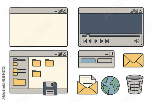 Digital interface elements featuring folders, a media player, and common online symbols