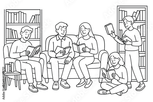Group enjoys reading together in a cozy living room setting with bookshelves during a peaceful afternoon