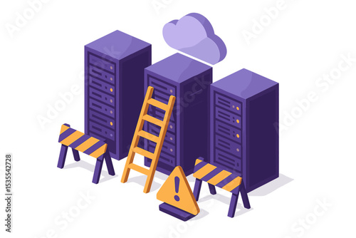 Servers under construction with a ladder and warning sign in a virtual cloud environment