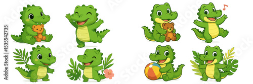 Cute green cartoon crocodiles enjoying playful moments with toys and plants in a bright and cheerful environment