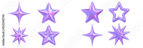 Shiny purple star shapes with a glossy finish, showcasing various styles and sizes in a minimalistic arrangement