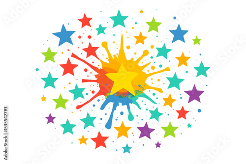 Colorful burst of stars with vibrant splashes creating an artistic display suitable for celebrations or children's events