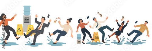 Office workers slipping on wet floor by water cooler during a chaotic moment