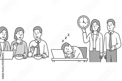 Group of colleagues enjoying lunch while one person struggles to stay awake at work during late afternoon