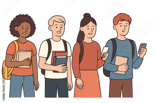 Students engaging in conversation while holding books and smartphones on a sunny day outdoors