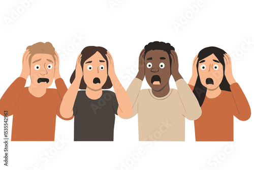 Group of surprised friends expressing shock during an unexpected event at a casual gathering