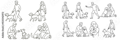 People enjoying time outdoors with dogs in various settings and activities such as walking, sitting, and playing