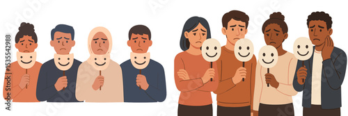 Emotions and masks: a group of diverse individuals express feelings through symbolic representations in a creative depiction