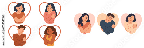 Embracing moments of self-love and connection through illustrated heart-shaped imagery in a playful and colorful design