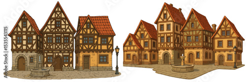 Historic village buildings with timber framing and colorful roofs in a charming town square setting