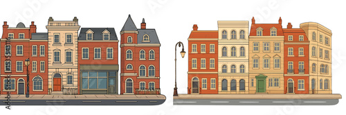 Detailed view of colorful townhouses along a city street showcasing architectural variety and urban charm during daylight hours