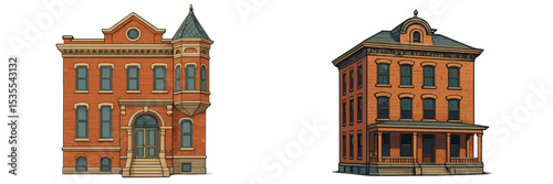 Historical red brick buildings showcasing unique architectural styles in an urban setting during daylight hours