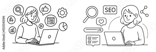 Two women engaged in digital marketing tasks, analyzing data and optimizing strategies while using laptops