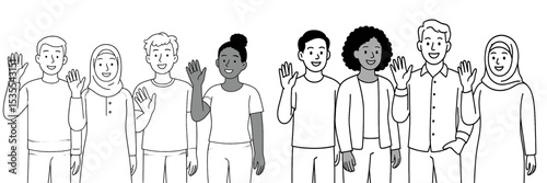 Diverse group of individuals smiling and waving together in a friendly gathering during a sunny afternoon